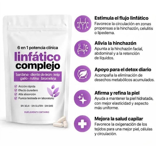 LYMPHATIC COMPLEX 6 IN 1 100% NATURAL Con 6 Ingredientes De Origen Organico: Kelp • Bromelina • Diente de león • Bardana • Cleavers.